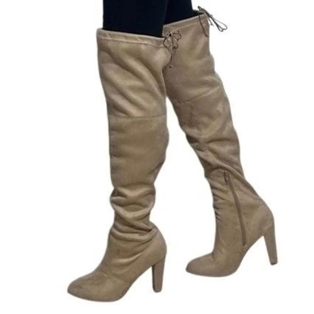 NWOT Over The Knee Heeled Boots Women's Size 8.5 Tan Thigh High Inside Zipper